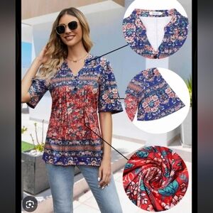 Hocosit Floral Blue and Pink Women's Top Size XL